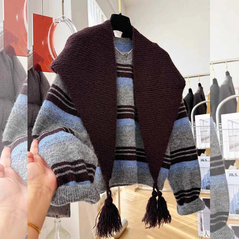 韩系洋气高级感围巾披肩+条纹针织衫女两件套秋冬季套头保暖毛衣