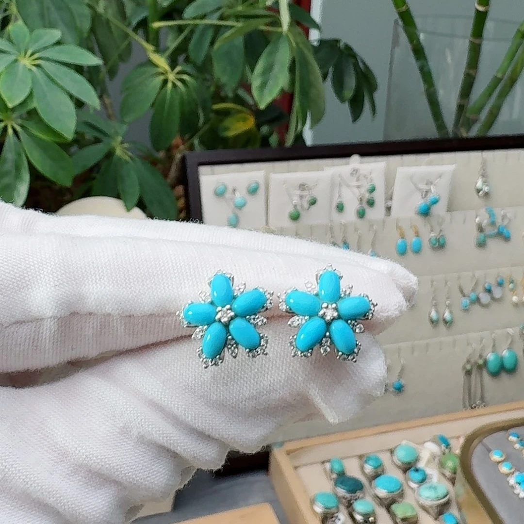 绿松石银S925镶嵌耳饰耳钉