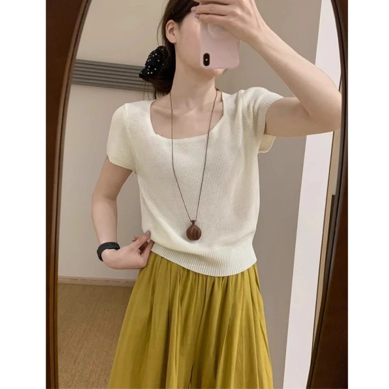 多巴胺蓝色方领针织短袖T恤女2025夏季韩版冰丝体恤修身正肩上衣