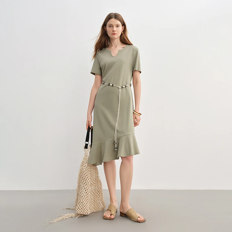 大码女装V字开口圆领抽绳收腰连衣裙气质A字裙25DS82811