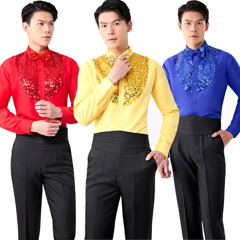 宝蓝大红金色重工亮片衬衣男演出服舞台合唱衬衫歌手舞蹈表演衬衫
