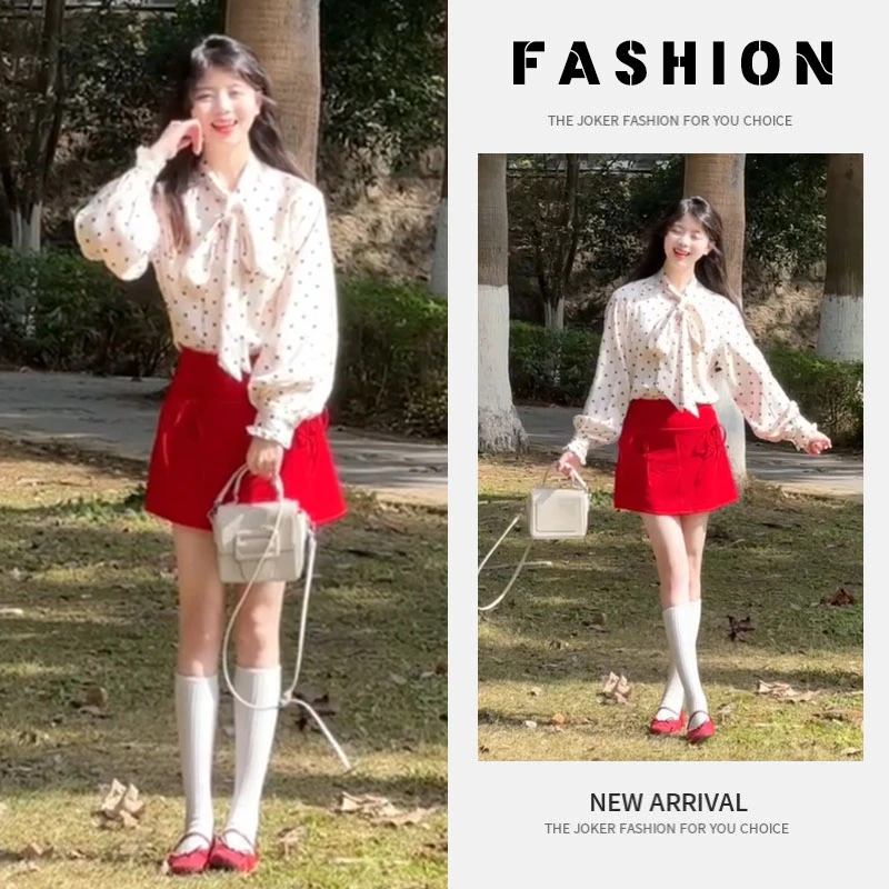 早春一整套女装2025新款韩版港风红色波点衬衫蝴蝶结半身裙两件套