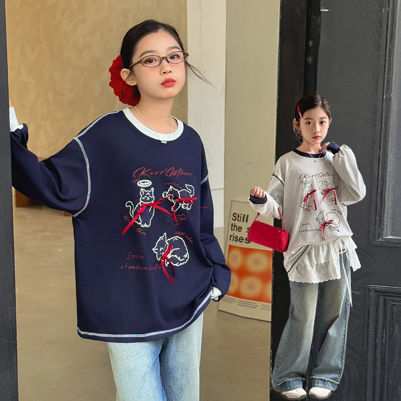 【嘻嘻柚】女童春季2025新韩版卡通猫咪立体蝴蝶结长袖卫衣撞色T恤