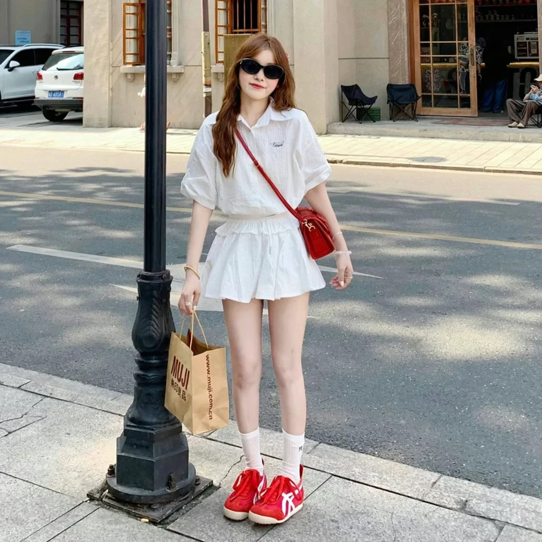 法式白色短袖衬衫连衣裙子女夏季2025新款小个子收腰蓬蓬短裙套装