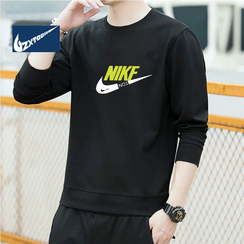 NK圆领卫衣男秋冬季宽松休闲百搭潮流印花加绒加厚上衣学生外套男