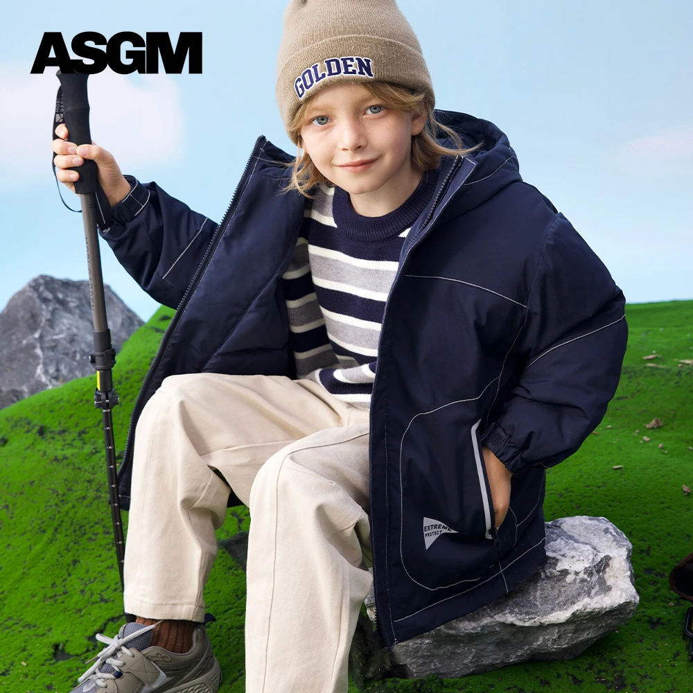 Asgm童装男童90白鸭绒工装中长款羽绒服24年冬新款儿童中大童外套