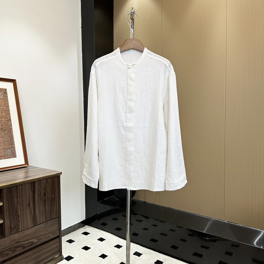 陈邓邓 春款新中式老钱风长袖 小盘扣简极气质款亚麻轻薄衬衫4028