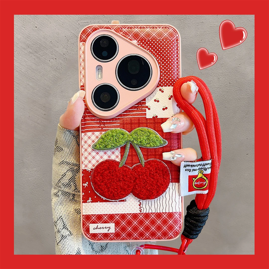 适用华为pura70pro+手机壳70Ultra可爱红色格纹刺绣樱桃pura80pro