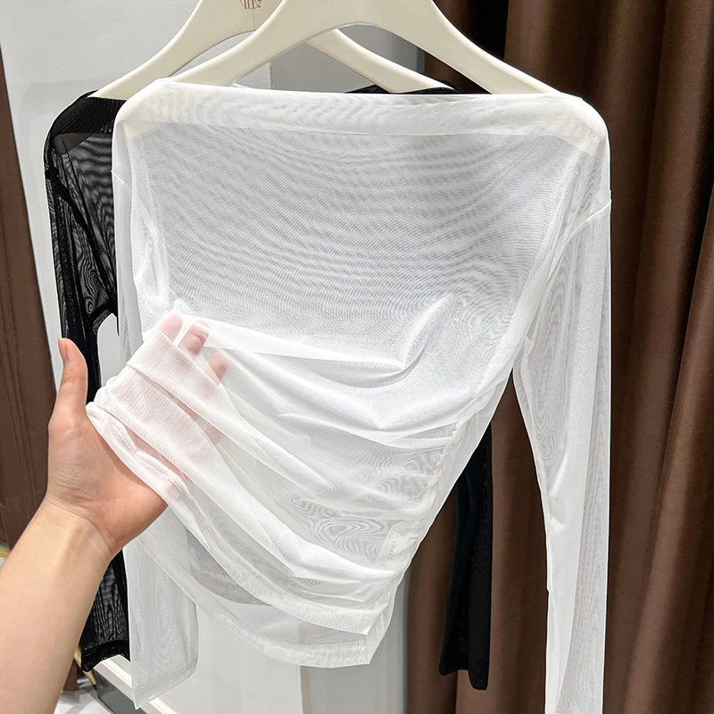 2025夏季一字肩镂空轻盈网纱白色打底衫薄款透视袖长上衣T恤女款