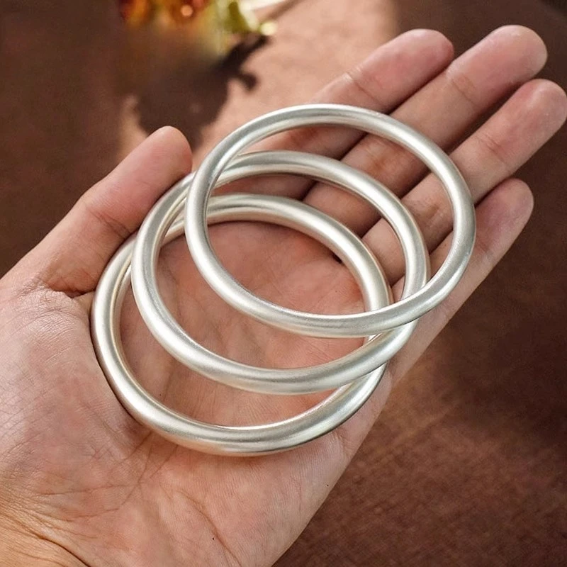 足银手镯 999纯银古法银手镯女闭口磨砂素圈足银镯子情人节送女友