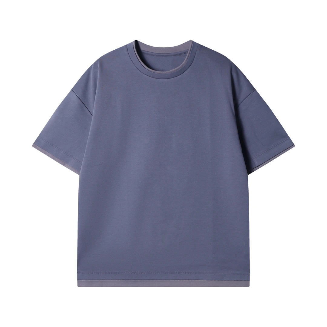 早春新款时尚个性韩版撞色圆领假两件短袖T恤百搭情侣套头上衣