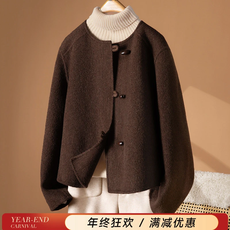 丝柏舍2025冬装新款女简约单排扣绵羊毛圆领双面呢外套S53B4415A