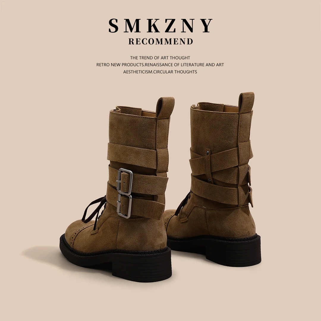 真皮复古厚底马丁靴女款2025新款秋季百搭潮流时尚中筒靴子F7602