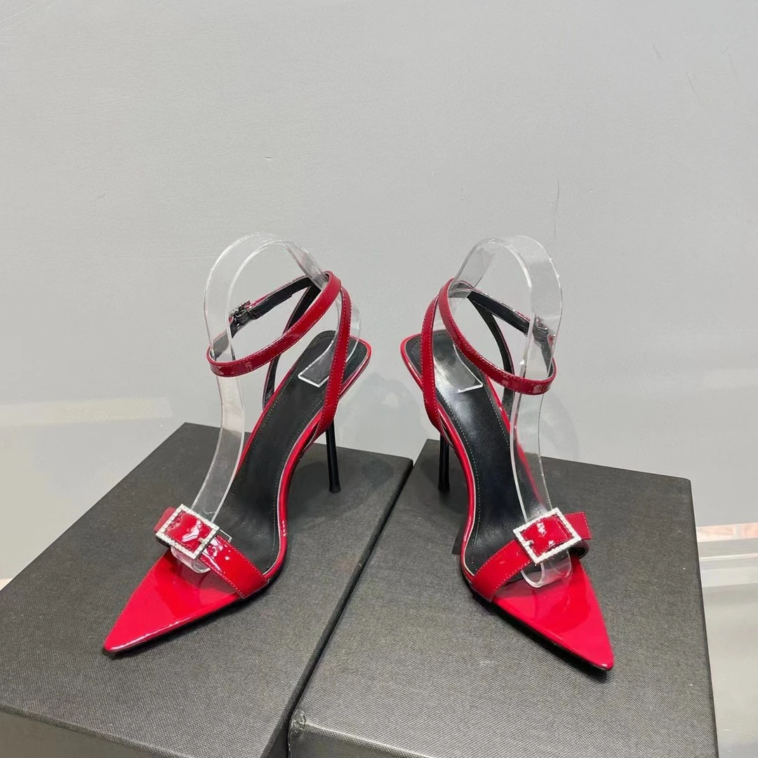 高跟鞋女夏新款气质水钻方扣尖头性感侧空细跟露趾一字带凉鞋8