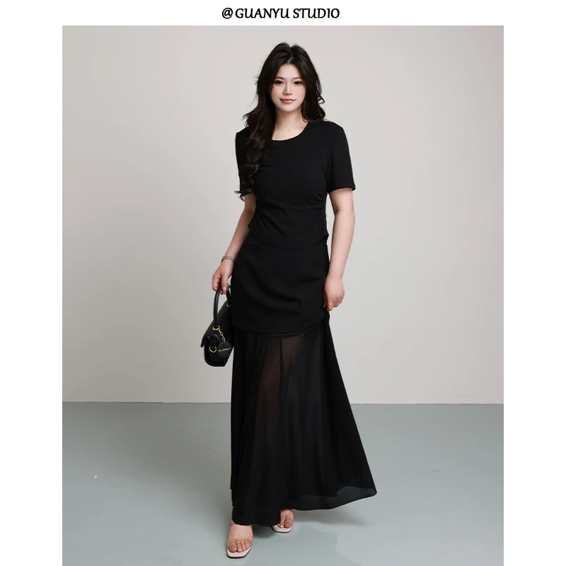 YL【夜梦巴黎】蛋妹大码女装夏季基础短T+假两件半裙套装DM26928