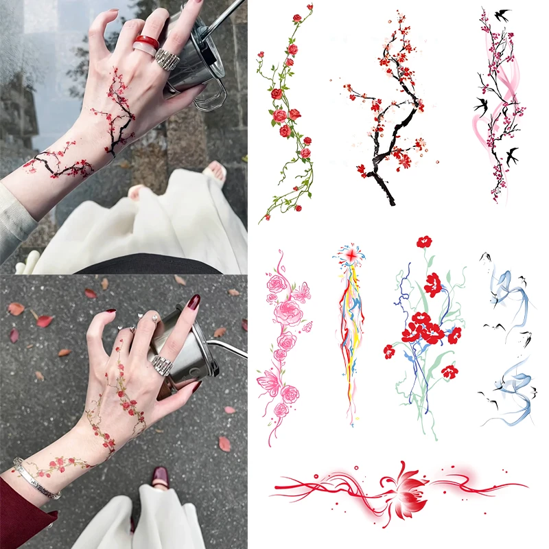 爆款新中式桃花蝴蝶纹身贴高颜值纯欲风防水持久可水洗适合手腕