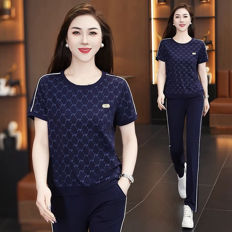 休闲运动服套装女夏季2025新款印花薄款上衣小个子跑步短袖两件套