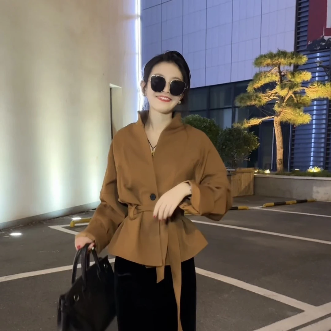 【JQW】气质显瘦设计感立领收腰风衣