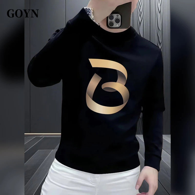 GOYN冬季男款高级感字母印花卫衣加厚时尚修身长袖打底衫上衣男装