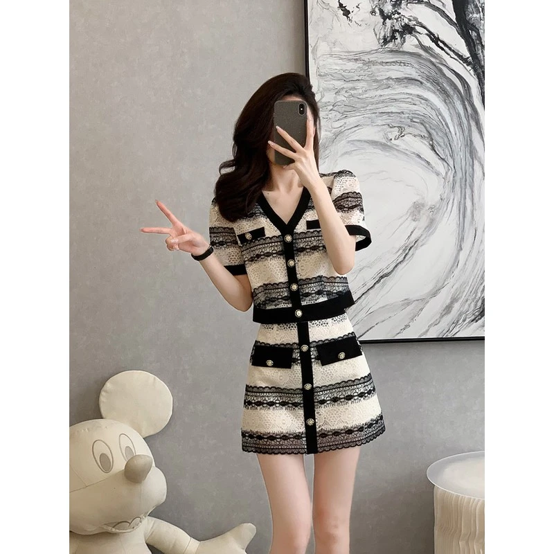 小香风时尚套装女2024年夏季新款气质名媛短外套显瘦A字裙两件套