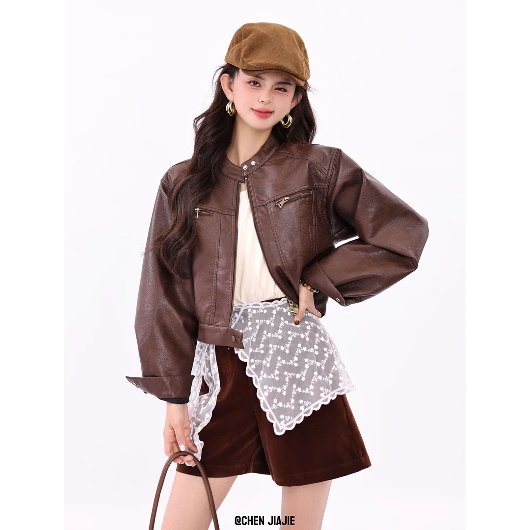 陈佳洁【继承者】港风复古纯色长袖皮衣外套春秋上衣女JP0225071