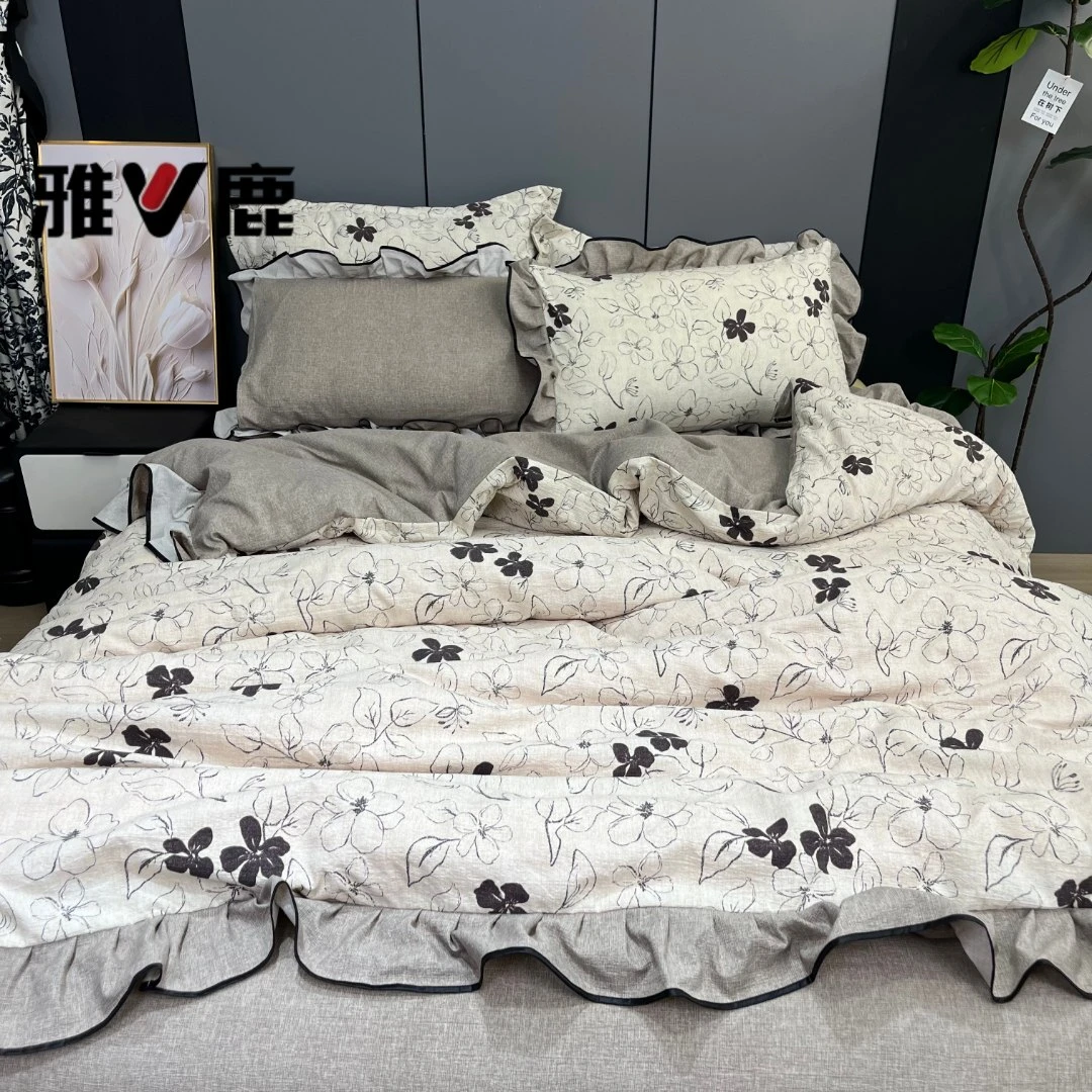 V/雅鹿【镇店之宝高端复古A类原麻双层纱轻奢简约花边款被套四件套