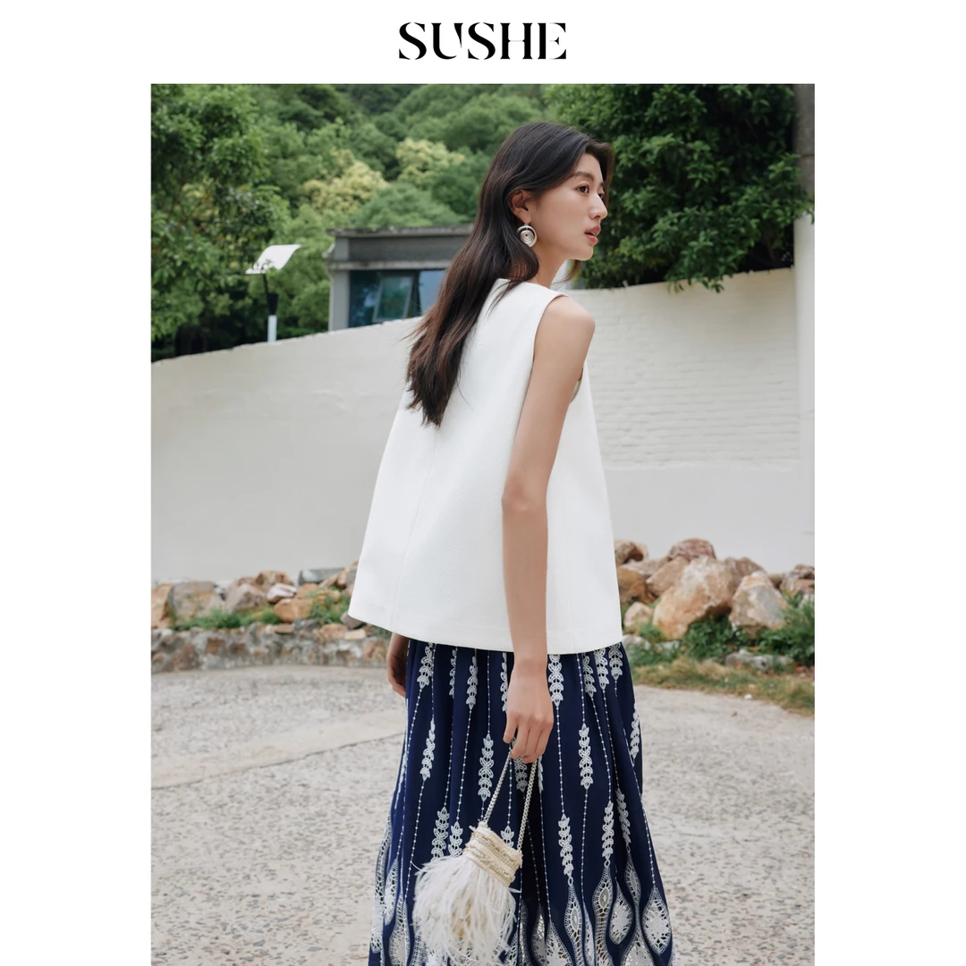 SUSHE空序静奢风不易皱肌理感船领夏天无袖上衣女夏季外穿高级感