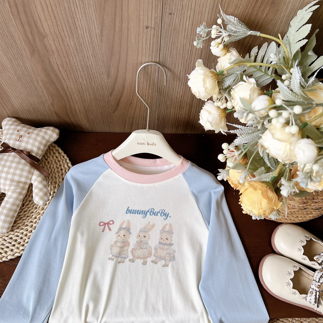 【弹力上衣】25203（拼色三只小兔）女童百搭舒适 卡通拼色 上衣