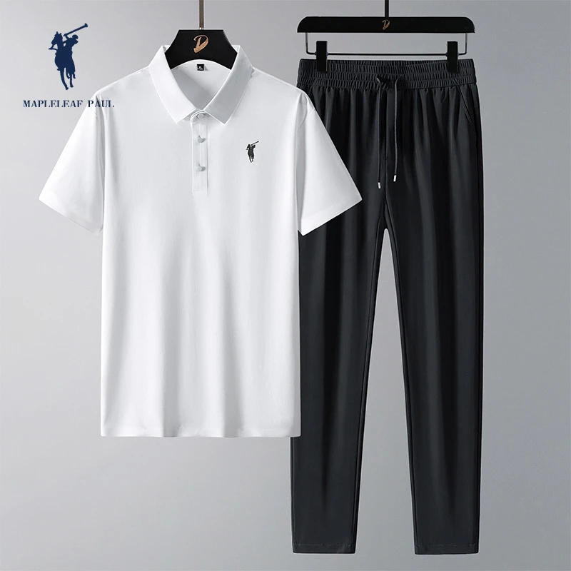 枫叶保罗休闲套装男中年2025新款冰丝商务爸爸夏季短袖POLO衫父亲