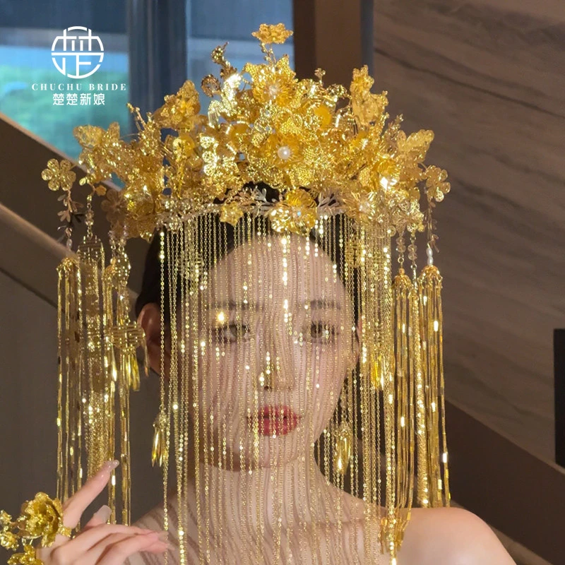 新娘饰品全金色凤冠新国风造型龙凤褂配中式婚礼秀禾头饰跟妆面帘