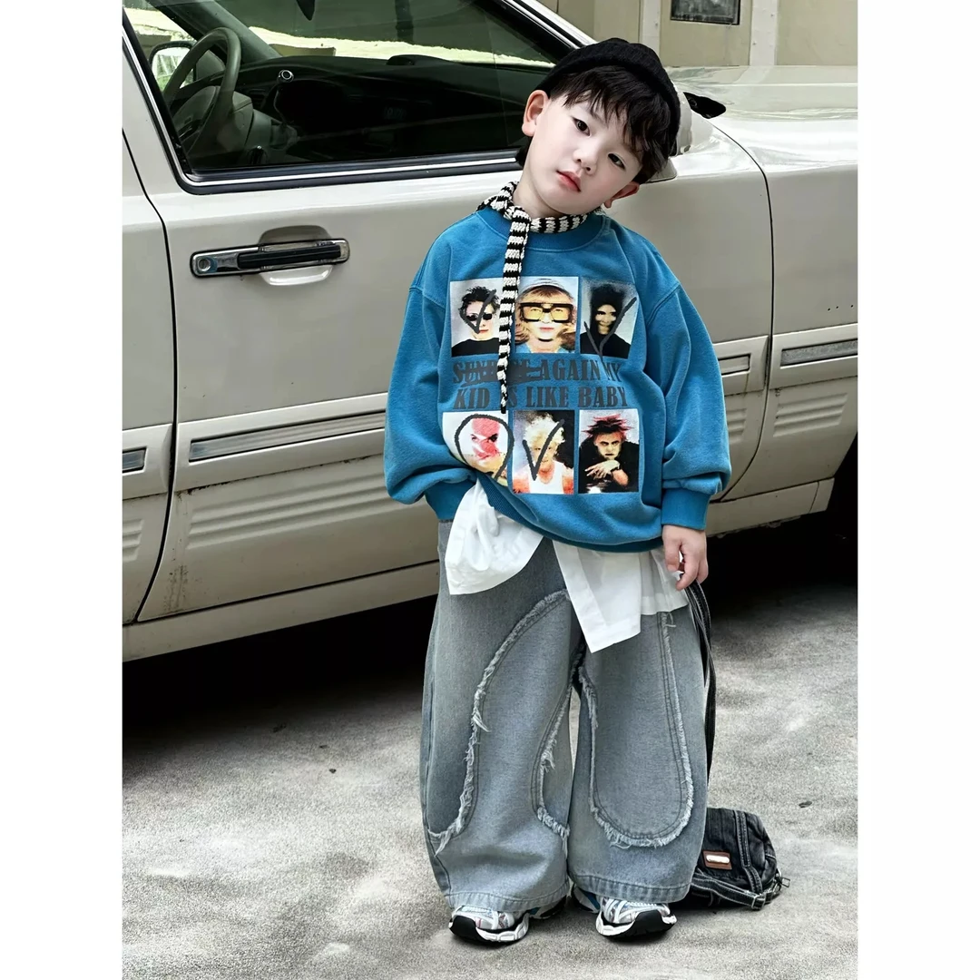 【现货】kb8846 | 秋季儿童韩版 蓝色炒洗美式卫衣 简单干净~
