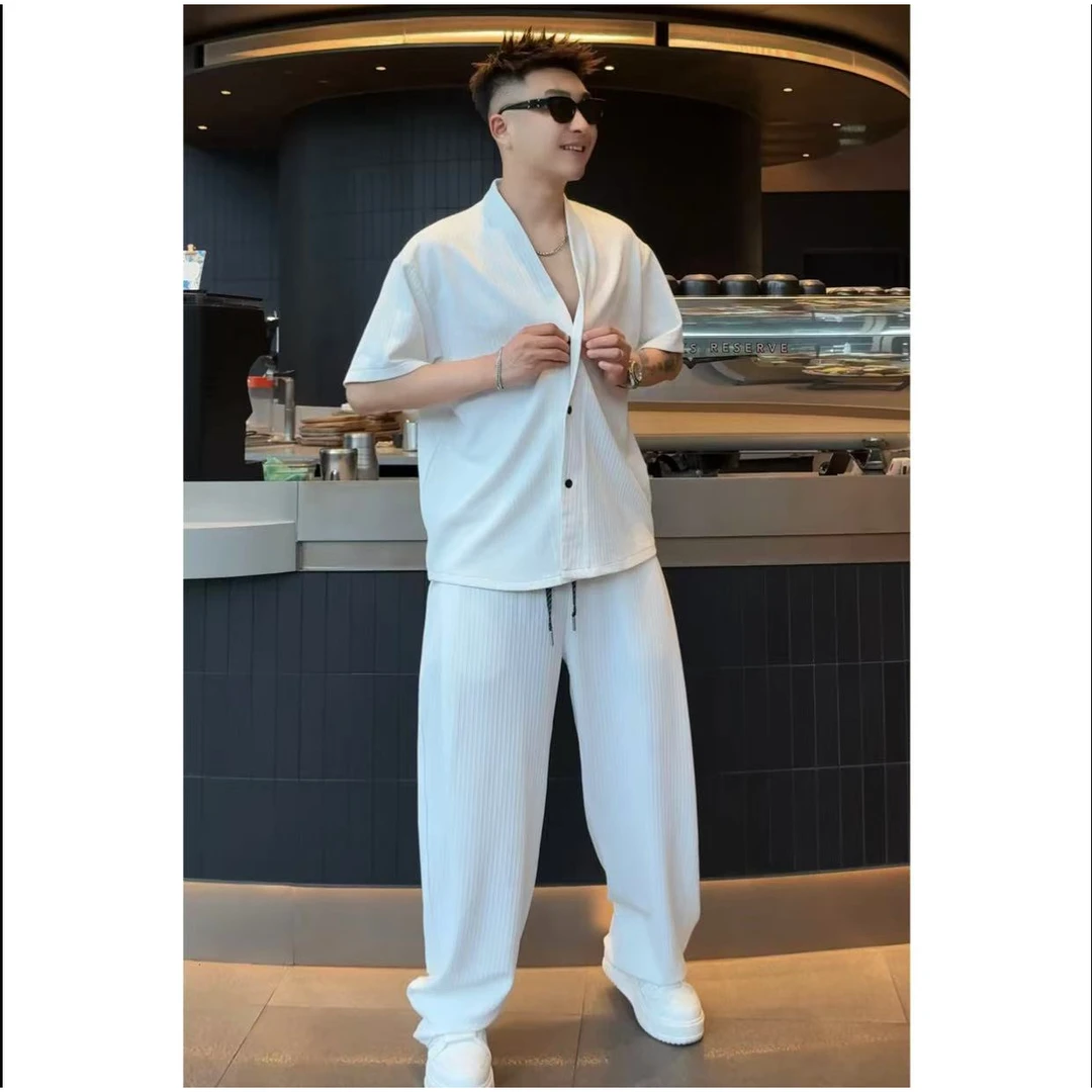 【语乐3店】4805/4806极简风V领竖纹肌理感套装夏季短袖开衫休闲裤