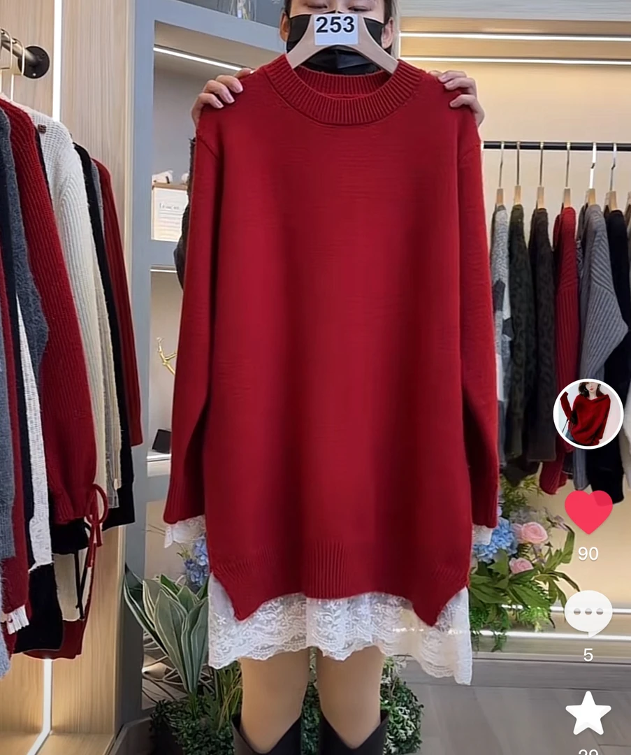 毛衣保暖发热拼接保暖气质休闲上衣中长款宽松高领女士针织