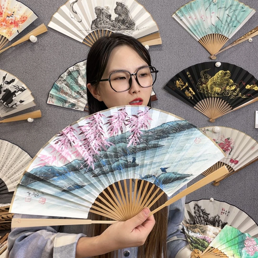 国画8寸玉竹-纯手绘-文玩扇骨（默认粘好）