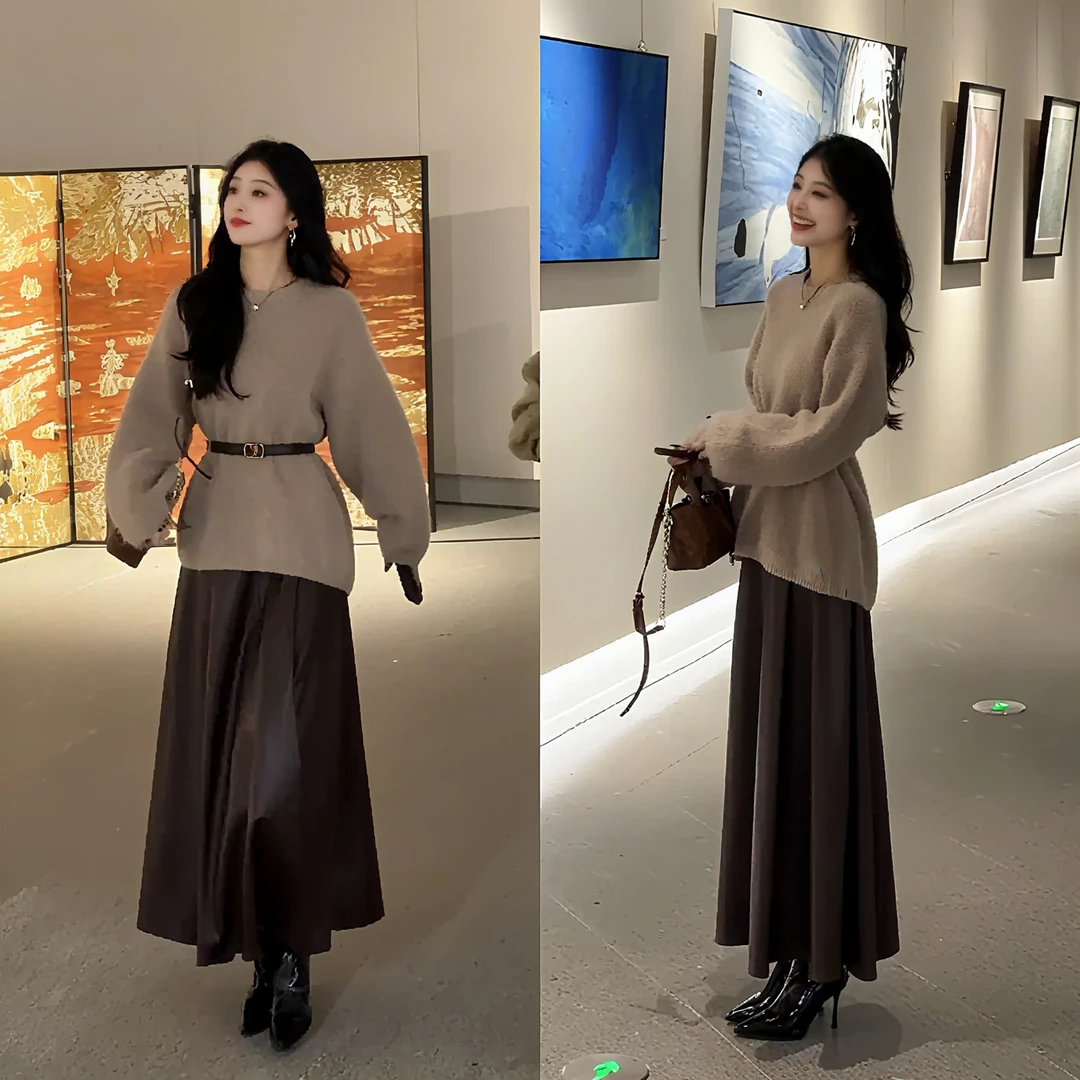 秋冬温柔系穿搭女2025新款纯色显瘦时尚减龄毛衣气质半身裙两件套