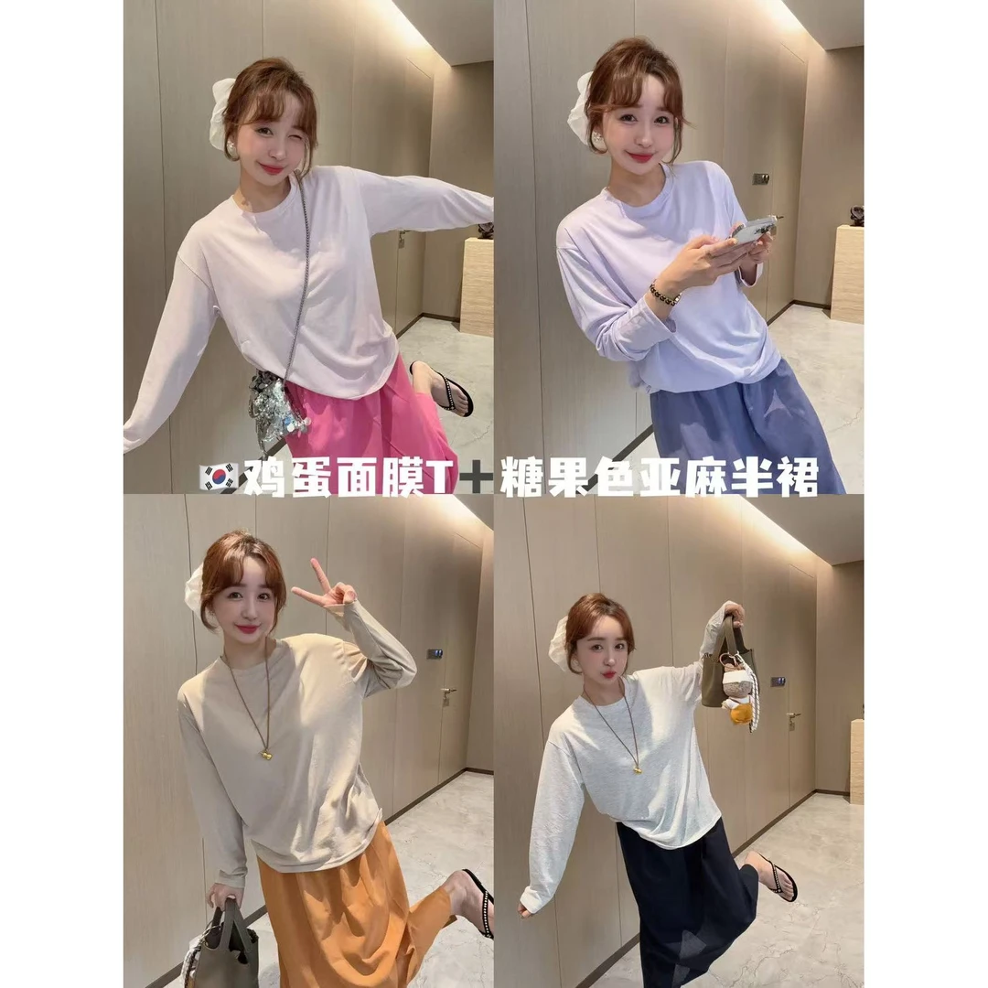 【YFONI】鸡蛋面膜T+糖果色亚麻半裙
