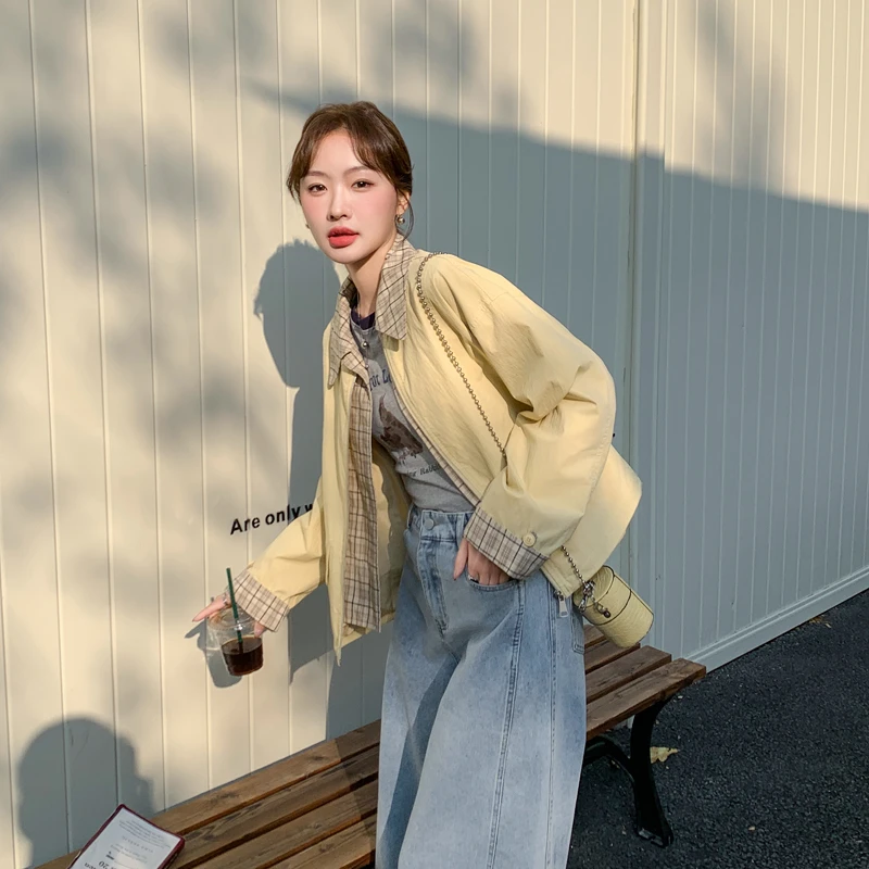 黄色美式时尚格纹拼接假两件夹克女2025初春新款小个子春秋短外套