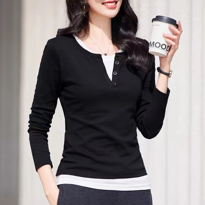 5306  洋气秋季T恤字母拼接短袖修身韩版休闲长袖百搭