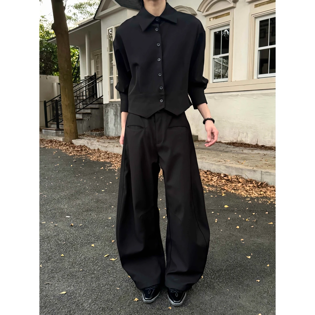 LACANEDE 美式高级感宽松复古西裤 简约前插袋弯刀通勤休闲长裤