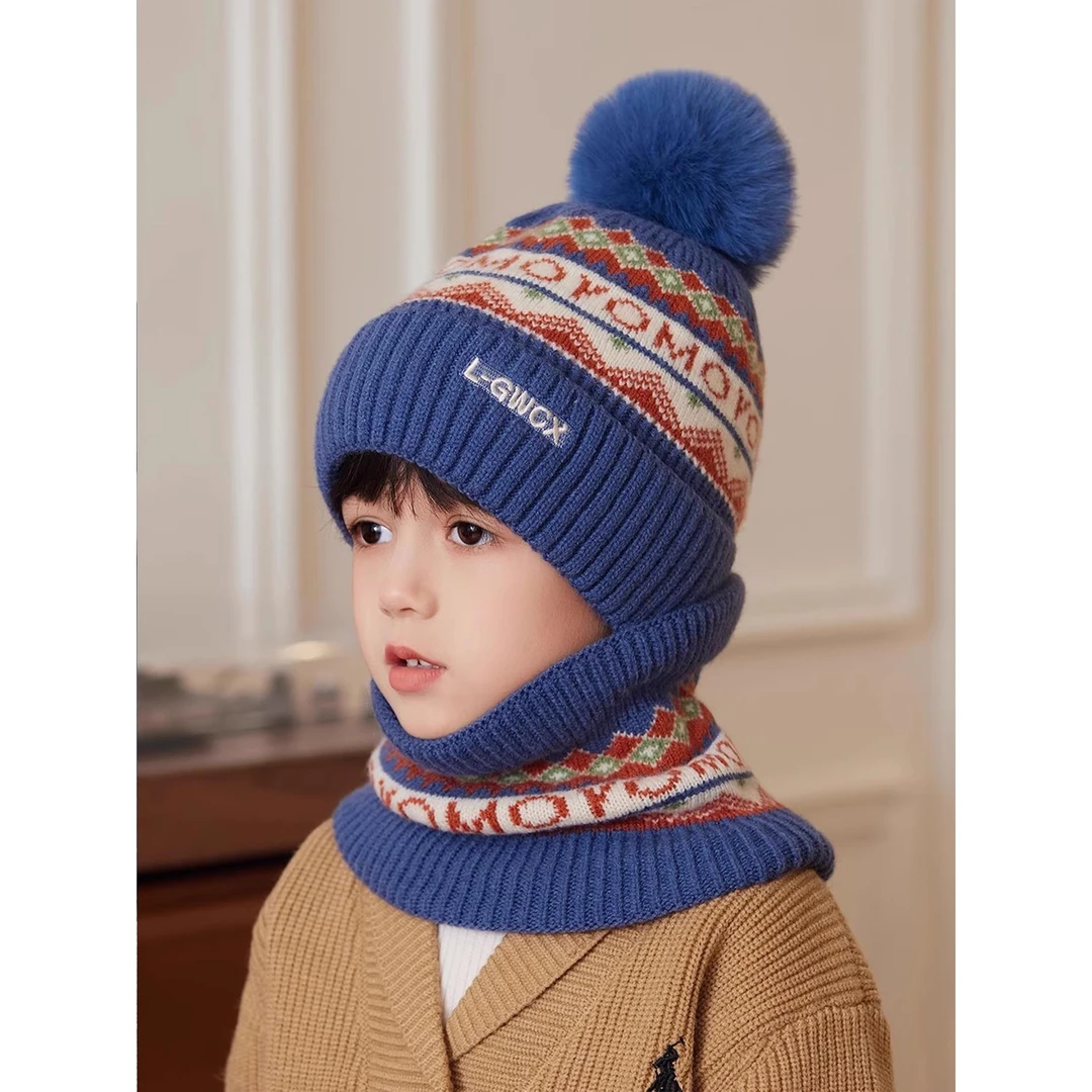 儿童帽子秋冬针织毛线帽男女宝宝围脖一体两件套冬天护耳防风套头