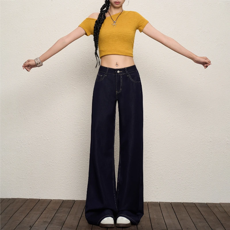 大码深蓝色高腰直筒微喇牛仔裤女夏季薄款梨形身材宽松显瘦喇叭裤