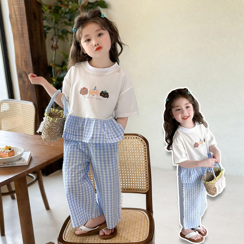 儿童夏装洋气女童短袖套装透气女宝宝T恤格子裤两件套薄小女孩潮