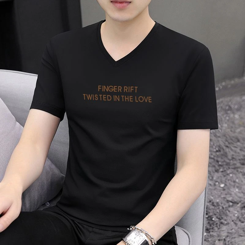 2025夏季新款男士短袖T恤V领衫潮流休闲男装打底上衣体恤宽松半袖