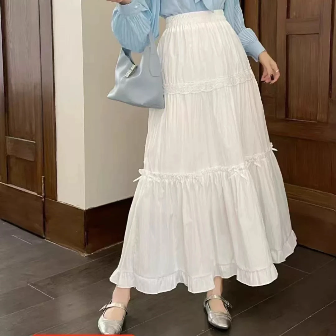 韩系甜美蕾丝拼接蝴蝶结白色半身裙女春秋季高腰A字过膝蛋糕裙