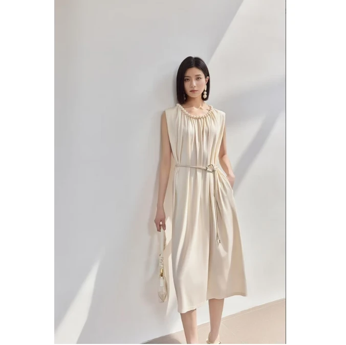 【嘉奕专属】夏季时尚V领简约气质新款显瘦无袖优雅连衣裙25172