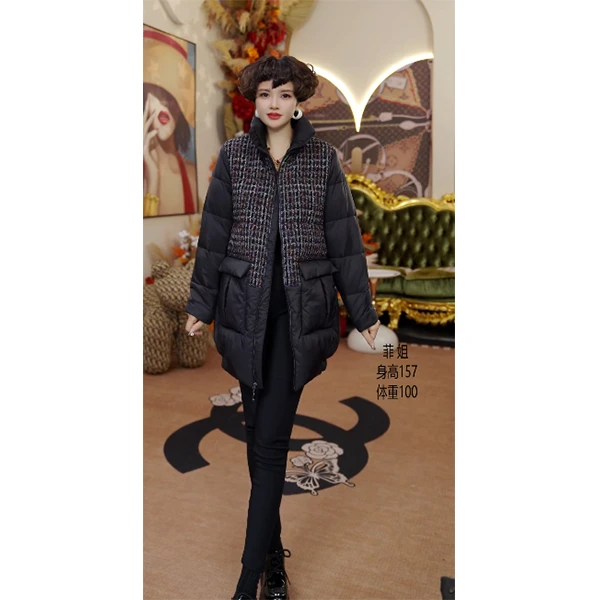 Y25615 菲姐时尚气质休闲女士黑色保暖冬季拼接短款羽绒服