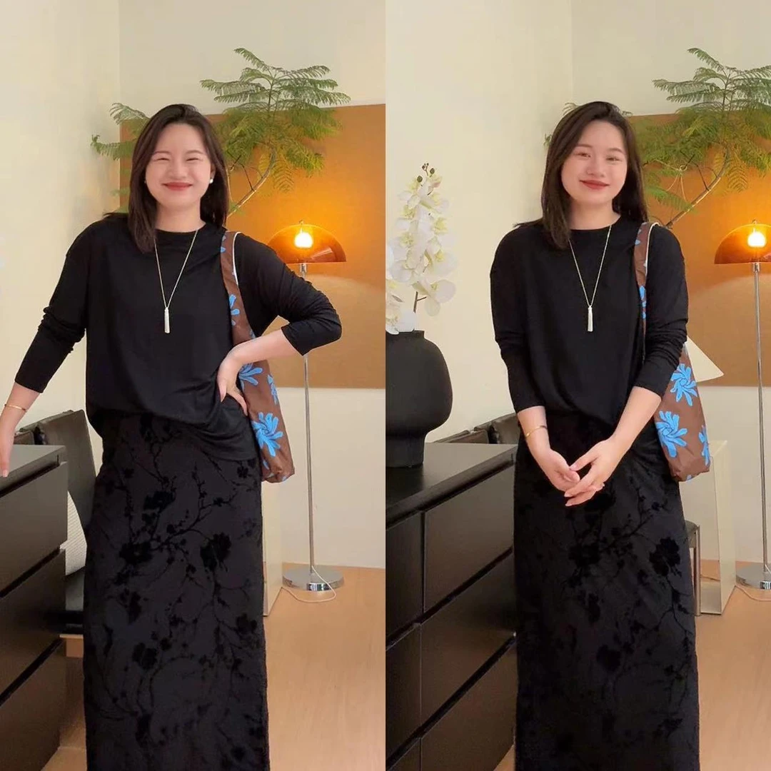 张小某梨形显瘦定制 新中式植绒提花直筒开叉半裙Q1721