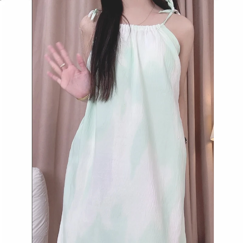 【渐变绿】吊带睡衣女带胸垫休闲时尚出片可外穿女士连衣裙睡裙