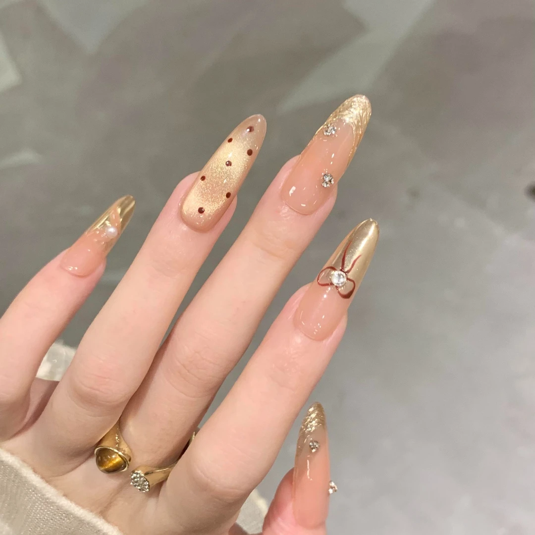 【璀璨金芒】中长款香槟金波点猫眼美甲手工穿戴甲气质法式显穿戴甲