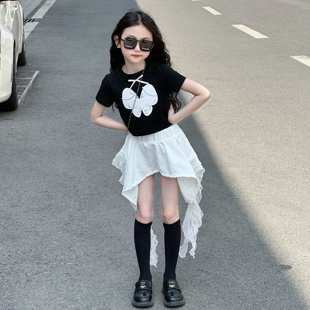 女童美式辣妹套装蝴蝶印花黑色短款上衣儿童不规则半身裙两件套装